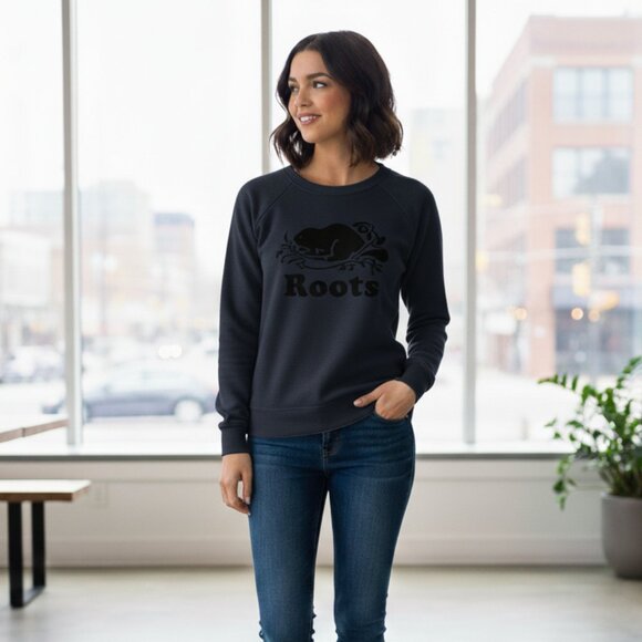 Roots Women’s Sweatshirt Leather Beaver logo Navy blue Pepper Size S - Picture 1 of 15